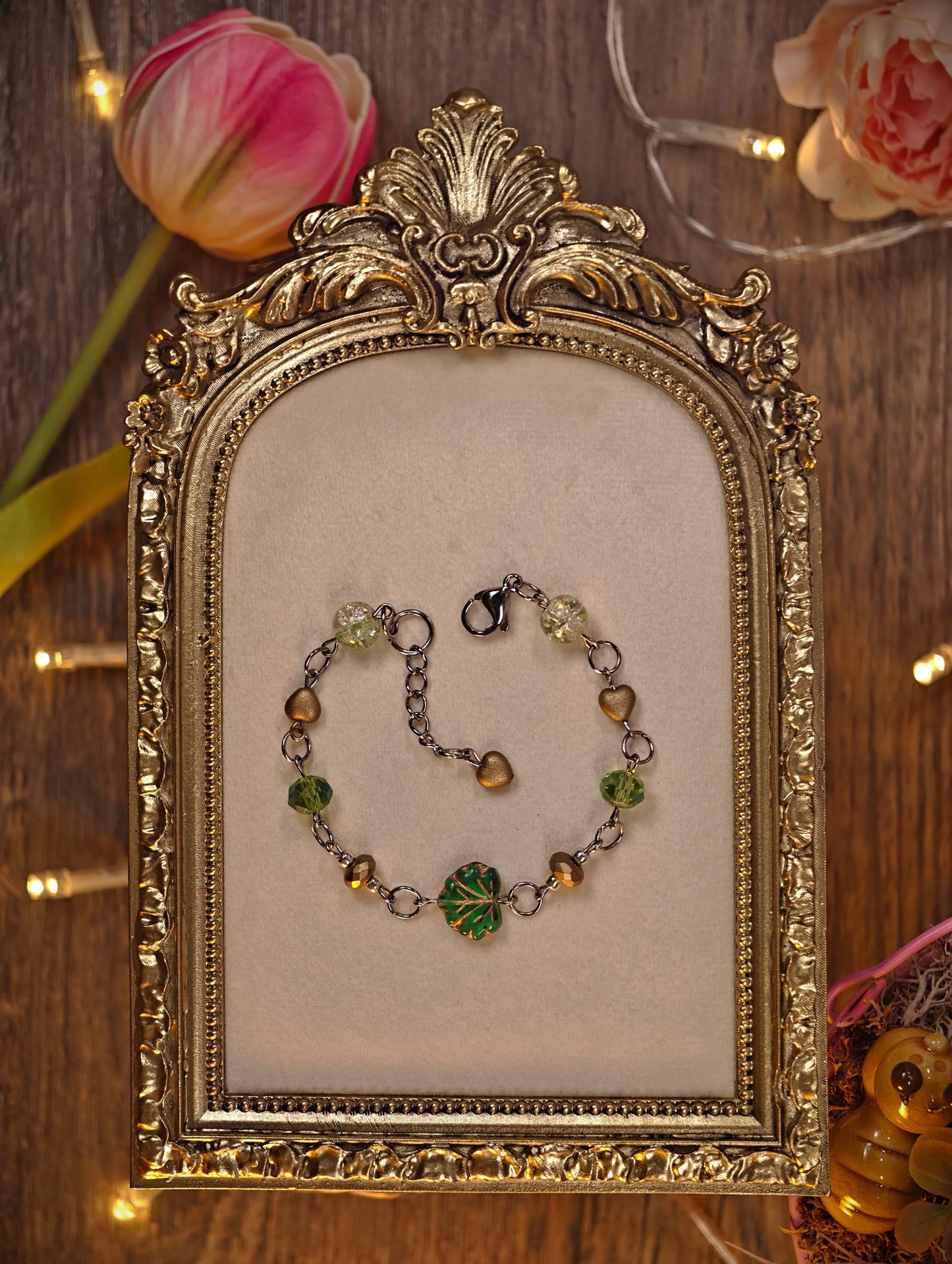 Novyra Jewelry and Clay Art Green & Gold Leaf Bracelet Novyra