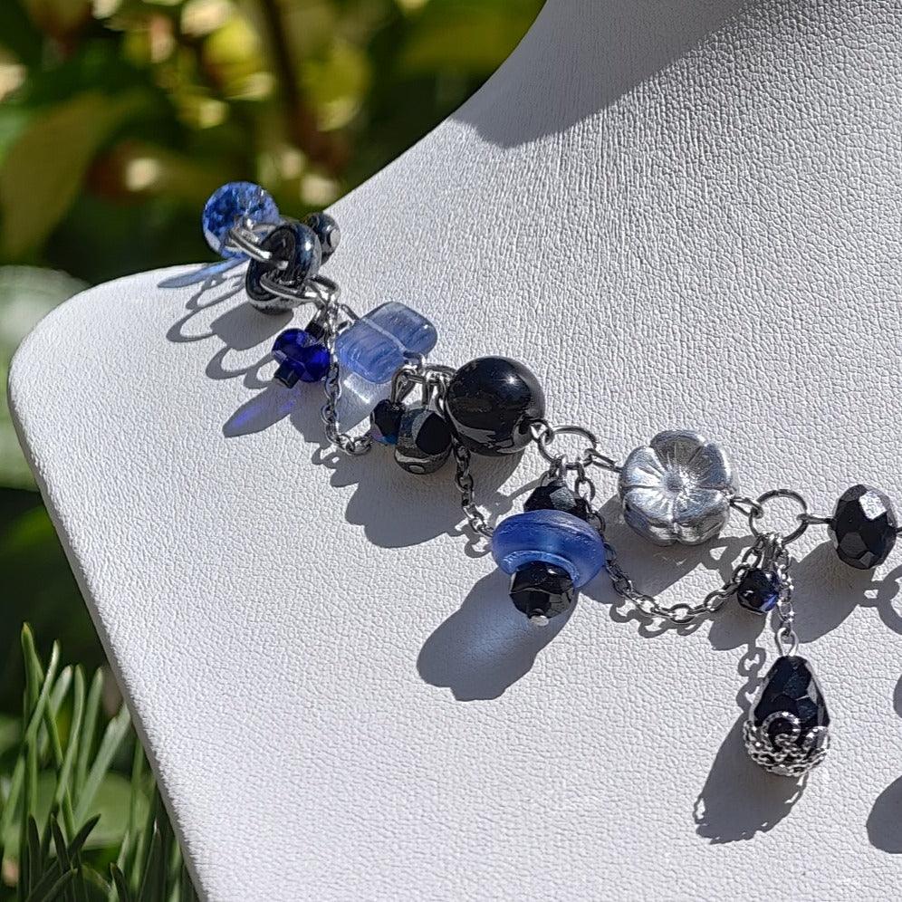 Handmade Whimsical Unique Royalcore Fairycore Jewelry, Blue and black, side