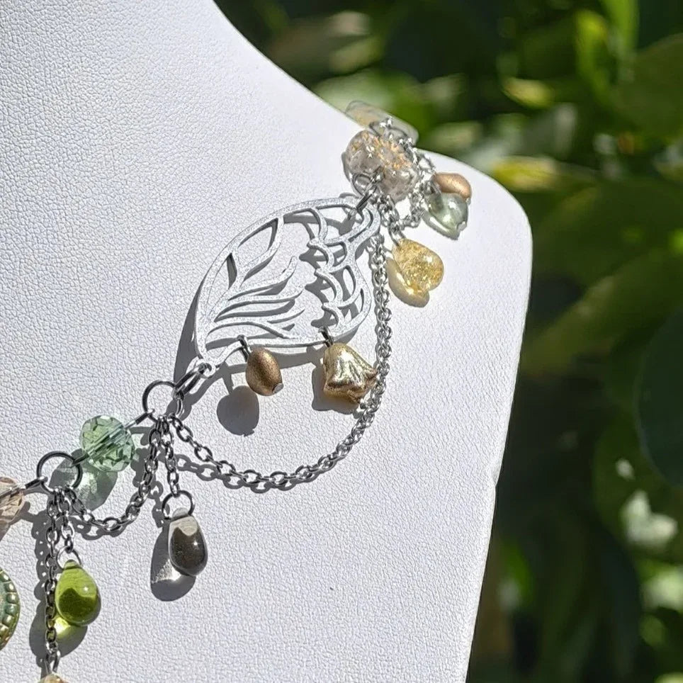 Fantasy Jewelry, Handmade jewelry, Whimsical Jewelry, Unique Jewelry. Royalcore Fairycore Jewelry, Green and gold, side
