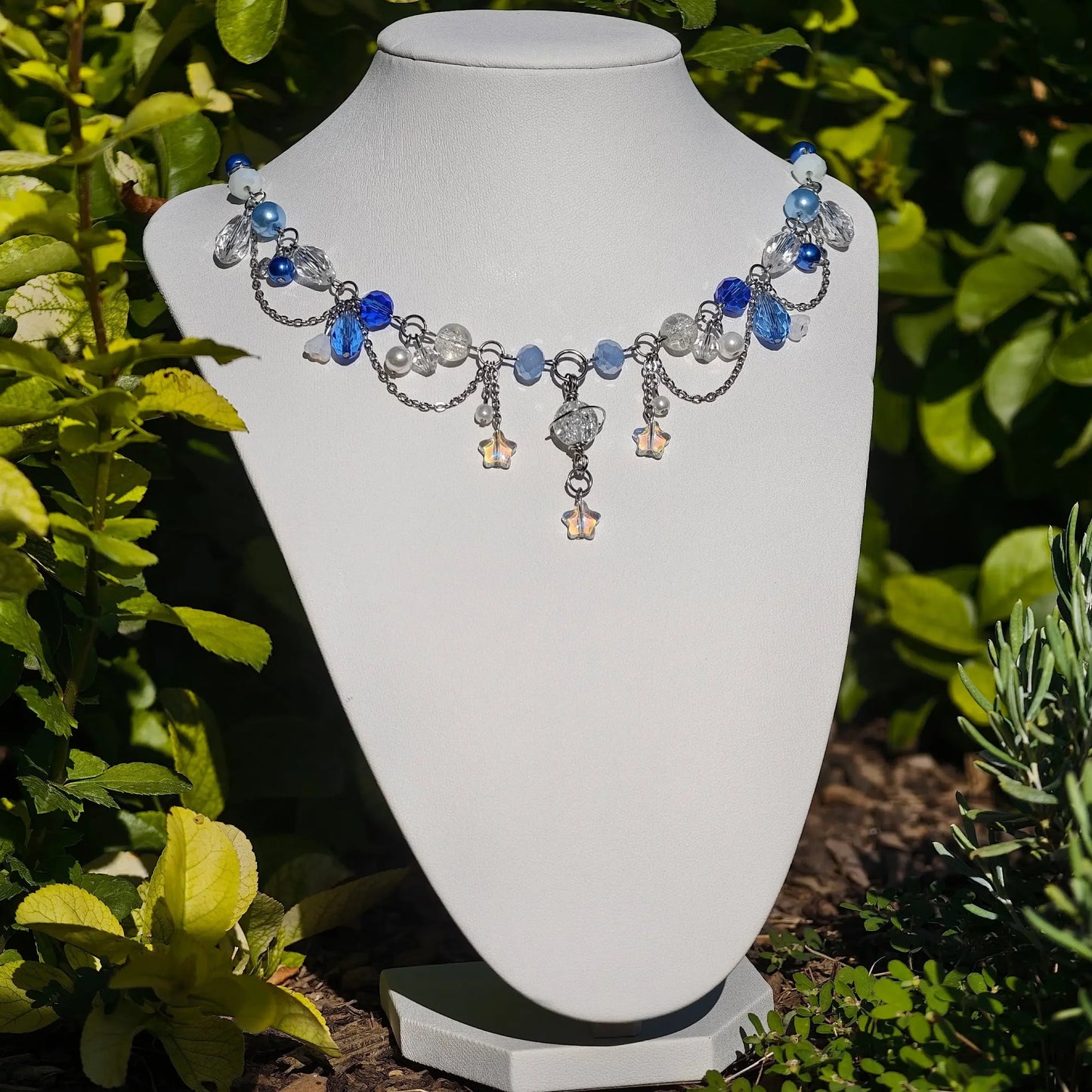 Handmade Whimsical Unique  Royalcore Fairycore Jewelry, Blue and White, front 2