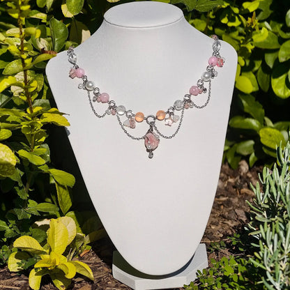 Handmade Whimsical Unique  Royalcore Fairycore Jewelry, Pink and White, front 2