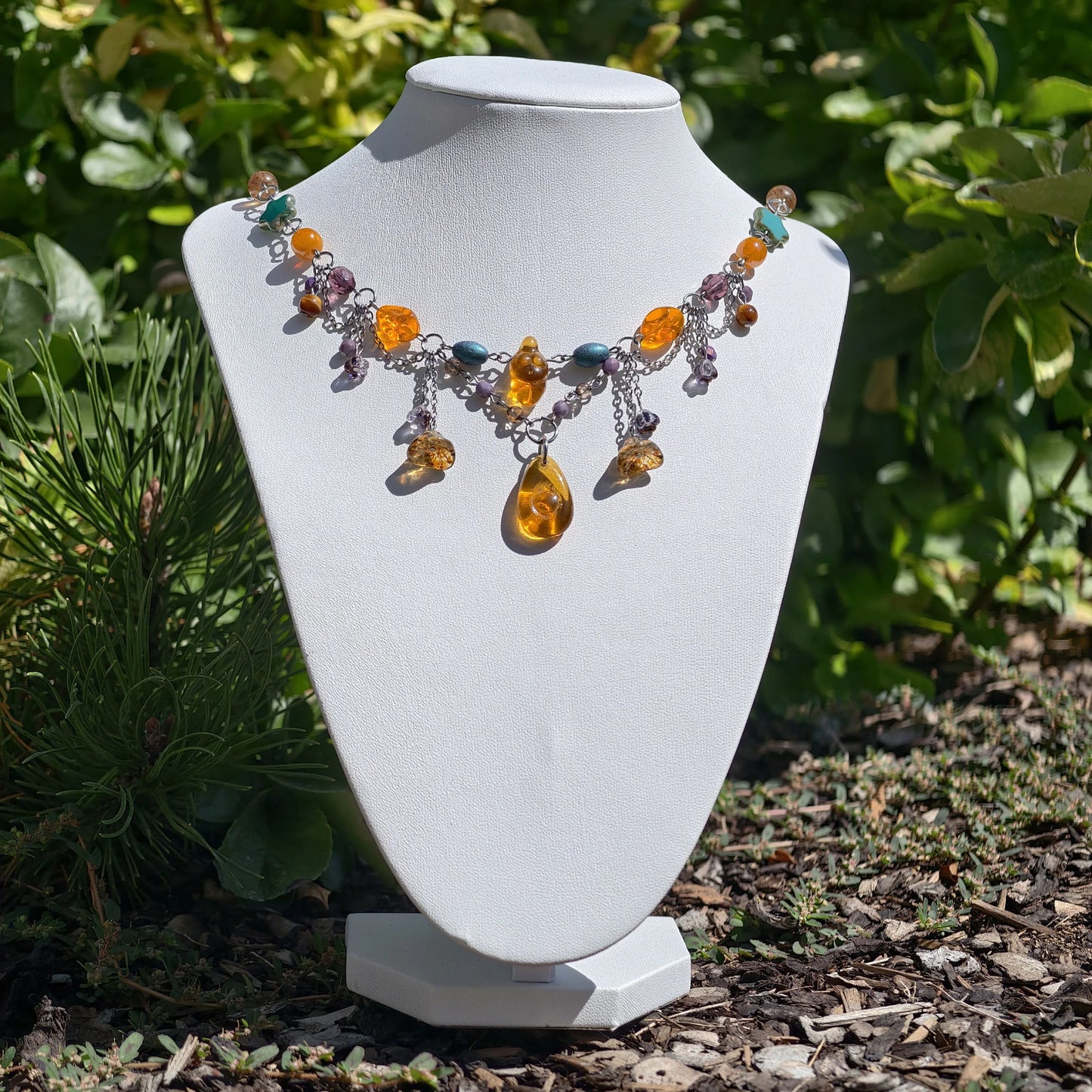 Venus of Willendorf, Fantasy Jewelry,  Handmade jewelry, Whimsical Jewelry, Unique Jewelry.  Royalcore Fairycore Jewelry, Orange and brown, Front 2