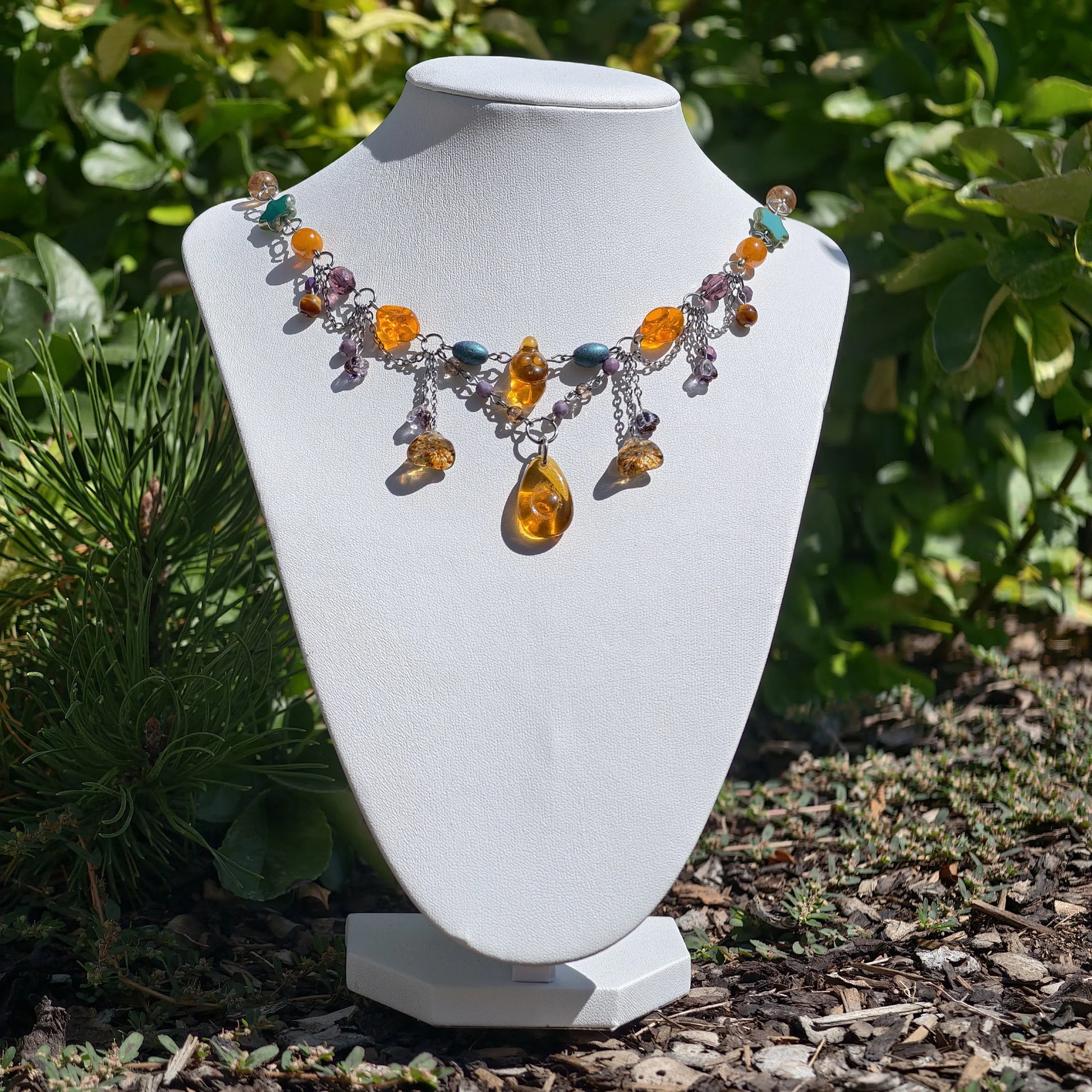 Venus of Willendorf, Fantasy Jewelry,  Handmade jewelry, Whimsical Jewelry, Unique Jewelry.  Royalcore Fairycore Jewelry, Orange and brown, Front 2
