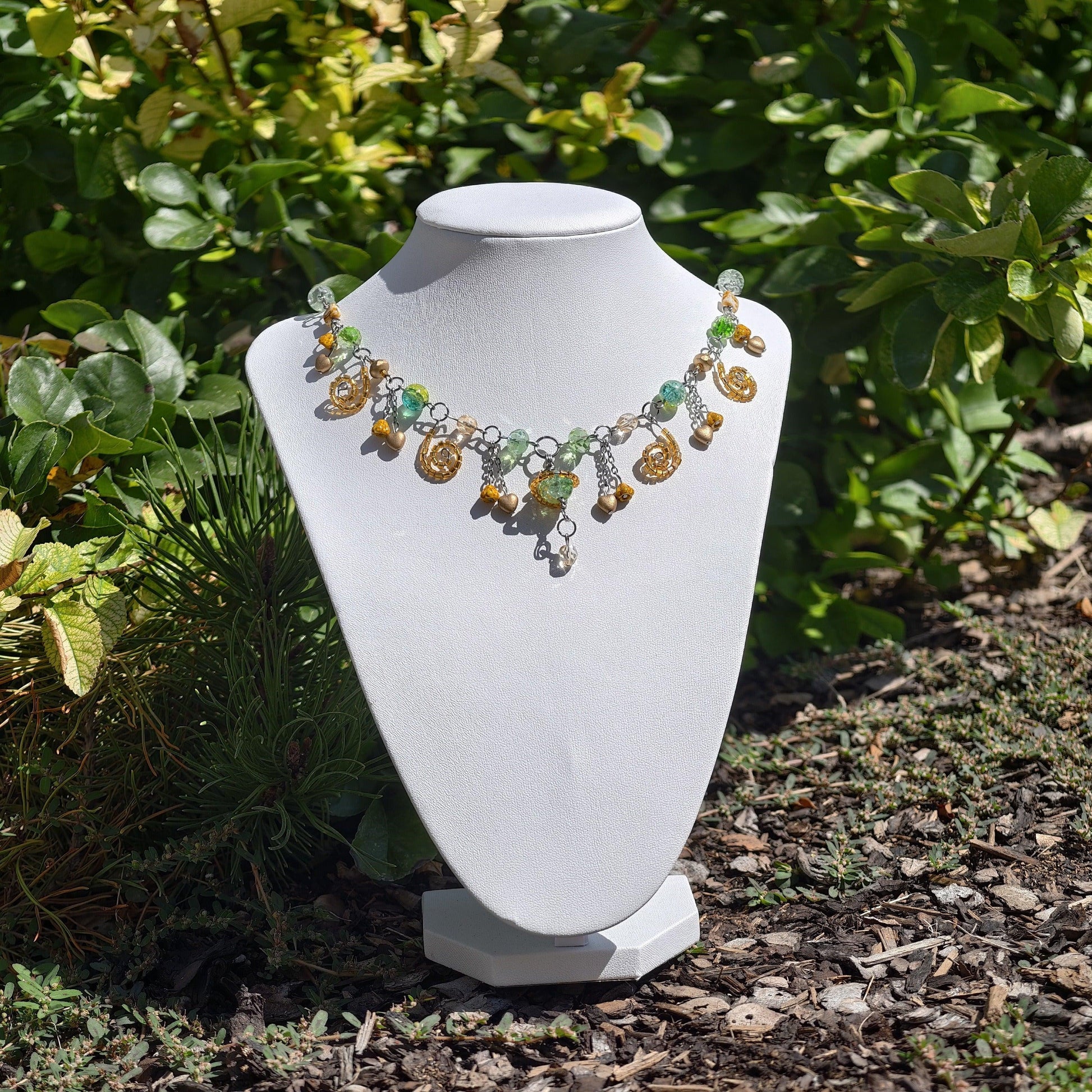 Handmade Whimsical Unique  Royalcore Fairycore Jewelry, Green and gold, Front   2