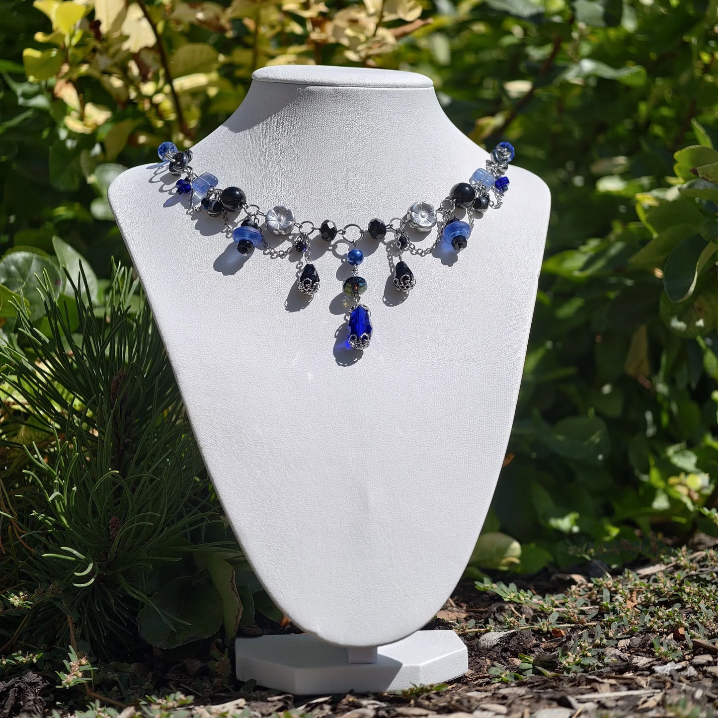 Handmade Whimsical Unique  Royalcore Fairycore Jewelry, Blue and black, Front 2