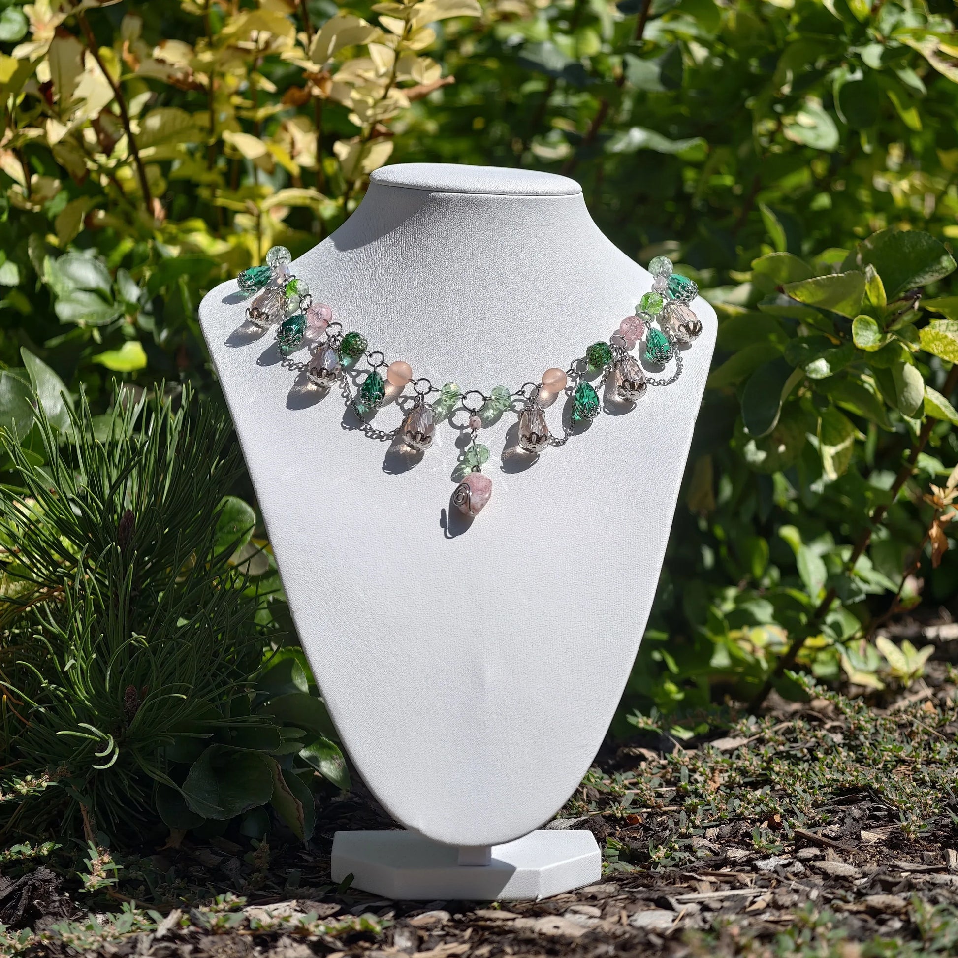 Fantasy Jewelry,  Handmade jewelry, Whimsical Jewelry, Unique Jewelry.  Royalcore Fairycore Jewelry, Pink & Green, Front 2