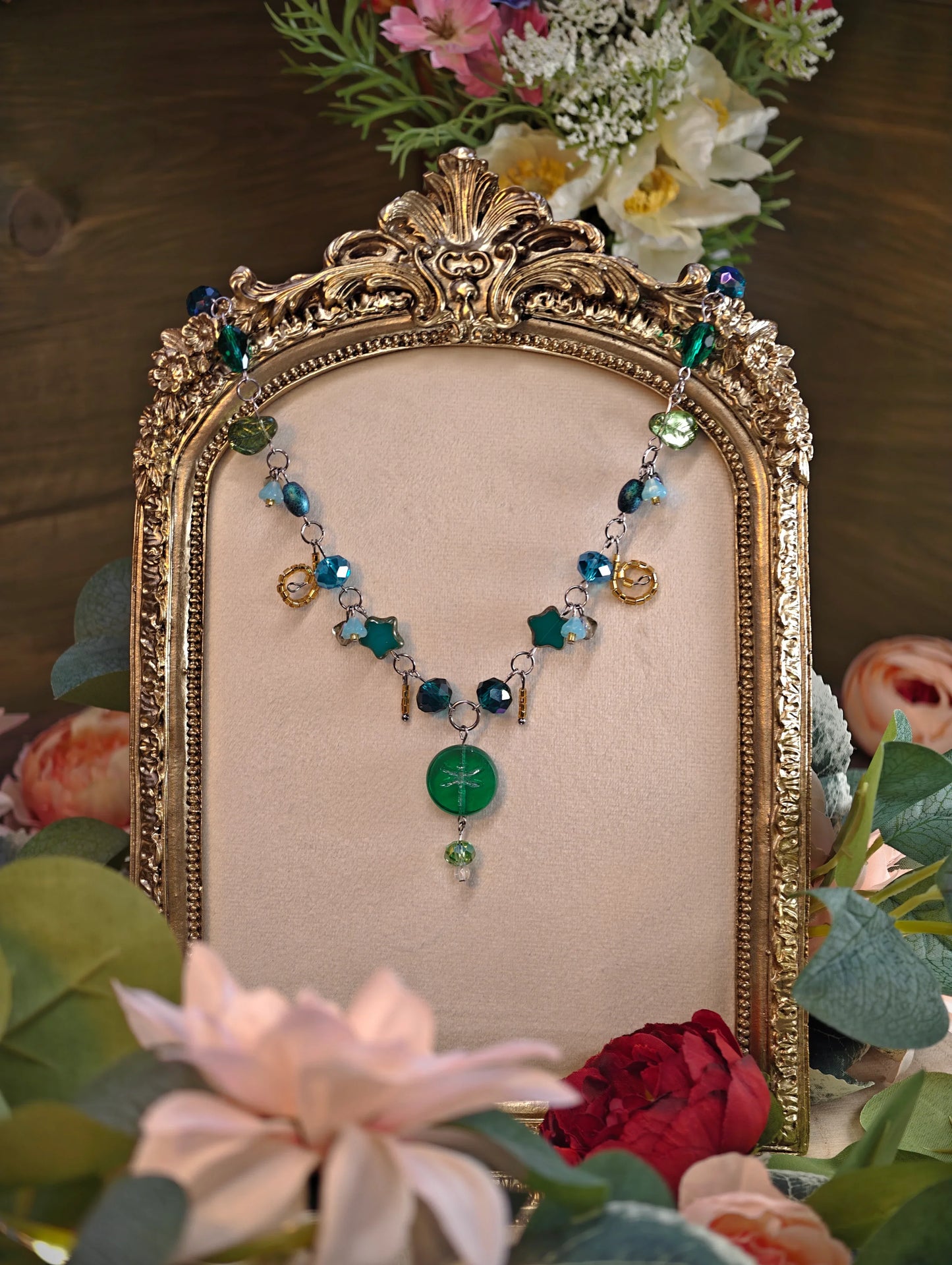 Novyra Jewelry and Clay Art Fantasy Jewelry,  Handmade jewelry, Whimsical Jewelry, Unique Jewelry.  Royalcore Fairycore Jewelry, Tuorqoise and gold, Front