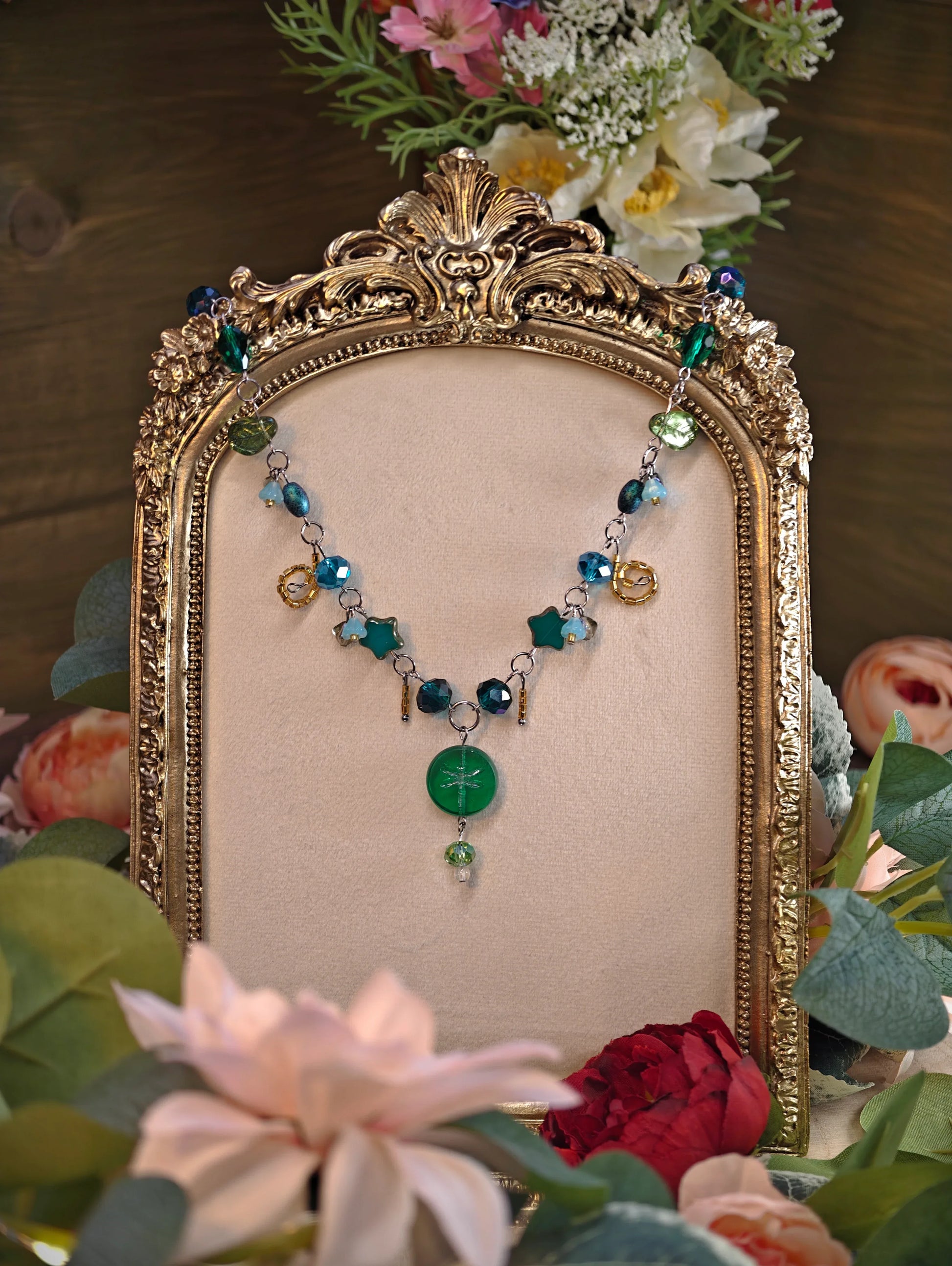 Novyra Jewelry and Clay Art Fantasy Jewelry,  Handmade jewelry, Whimsical Jewelry, Unique Jewelry.  Royalcore Fairycore Jewelry, Tuorqoise and gold, Front