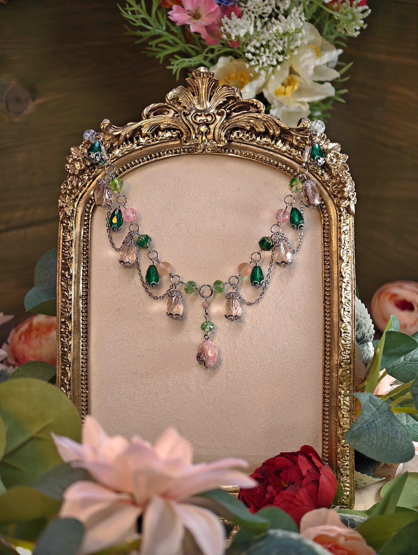 Novyra Jewelry and Clay Art Fantasy Jewelry,  Handmade jewelry, Whimsical Jewelry, Unique Jewelry.  Royalcore Fairycore Jewelry, Pink & Green, Front
