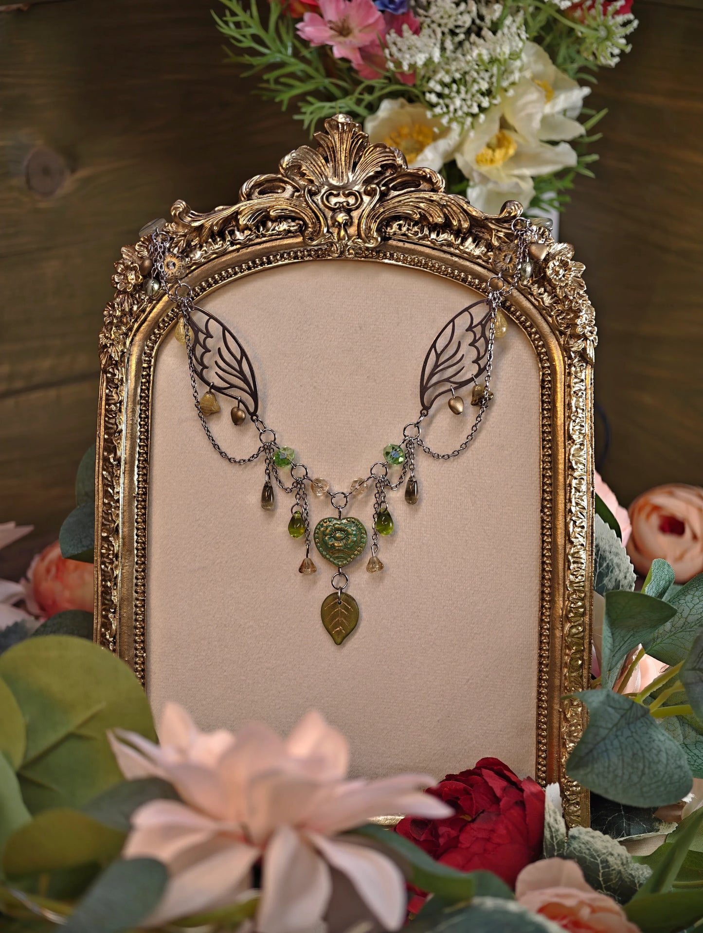 Novyra Jewelry and Clay Art Fantasy Jewelry,  Handmade jewelry, Whimsical Jewelry, Unique Jewelry.  Royalcore Fairycore Jewelry, Green and gold, Front