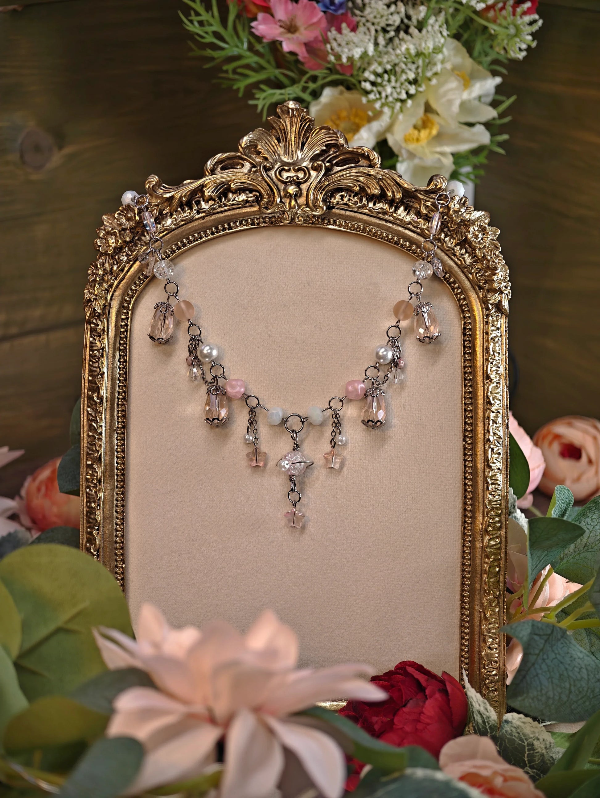 Novyra Jewelry and Clay Art Handmade Whimsical Unique  Royalcore Fairycore Jewelry, Pink & white, front Novyra Jewelry and Clay Art