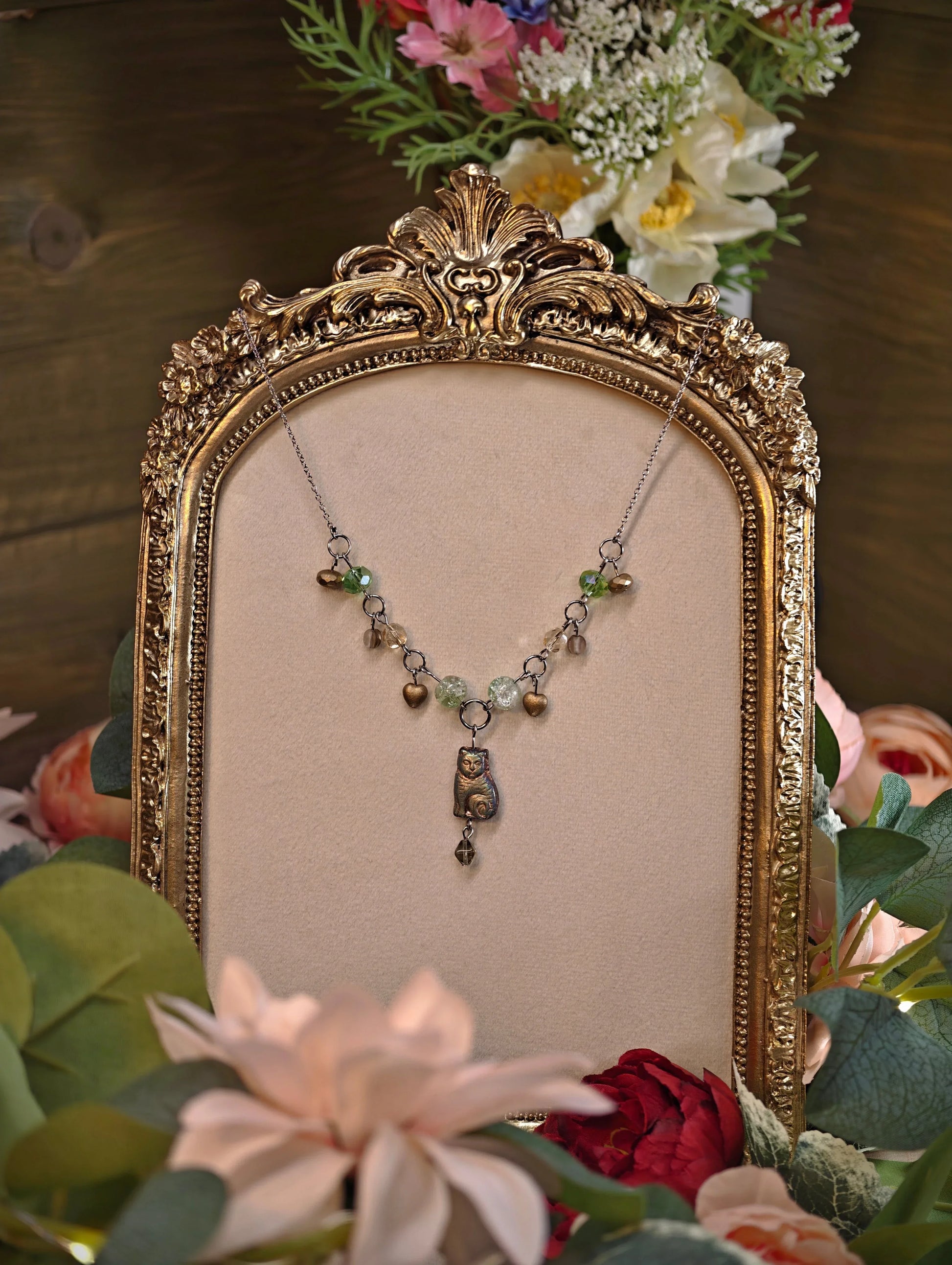 Novyra Jewelry and Clay Art Green & Gold Baroness of Cats Necklace Novyra