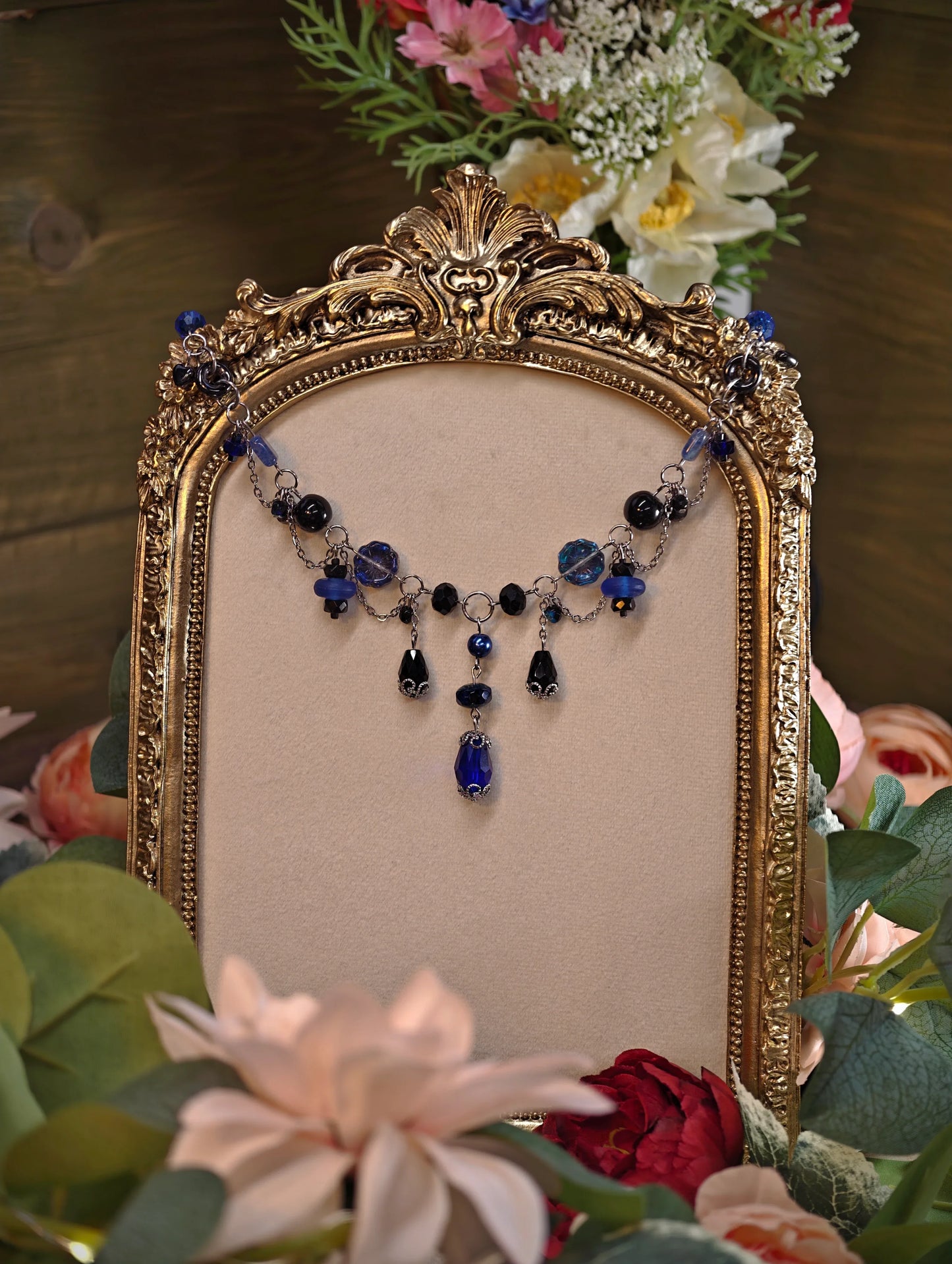 Novyra Jewelry and Clay Art Handmade Whimsical Unique  Royalcore Fairycore Jewelry, Blue and black , Front