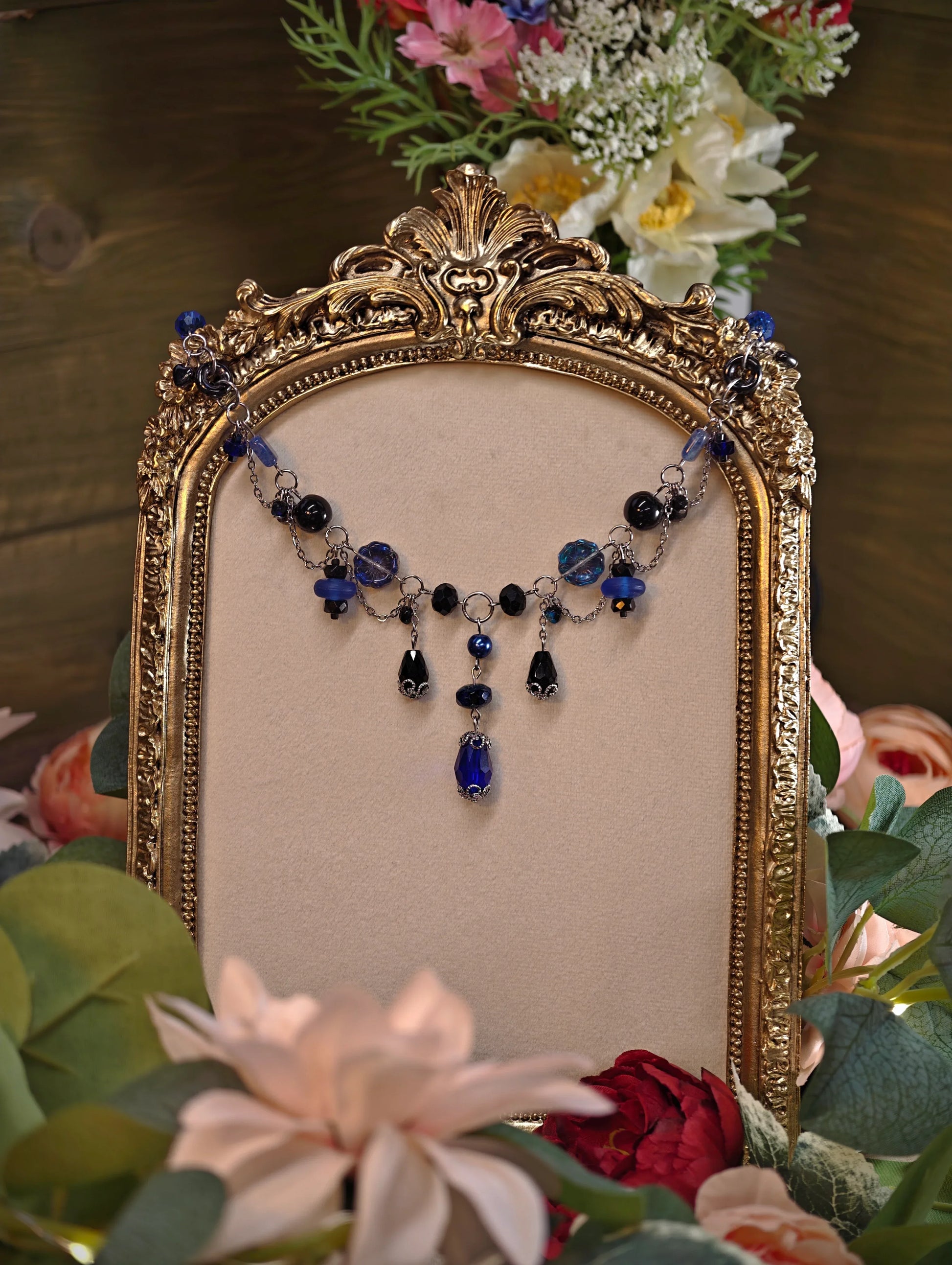 Novyra Jewelry and Clay Art Handmade Whimsical Unique  Royalcore Fairycore Jewelry, Blue and black , Front