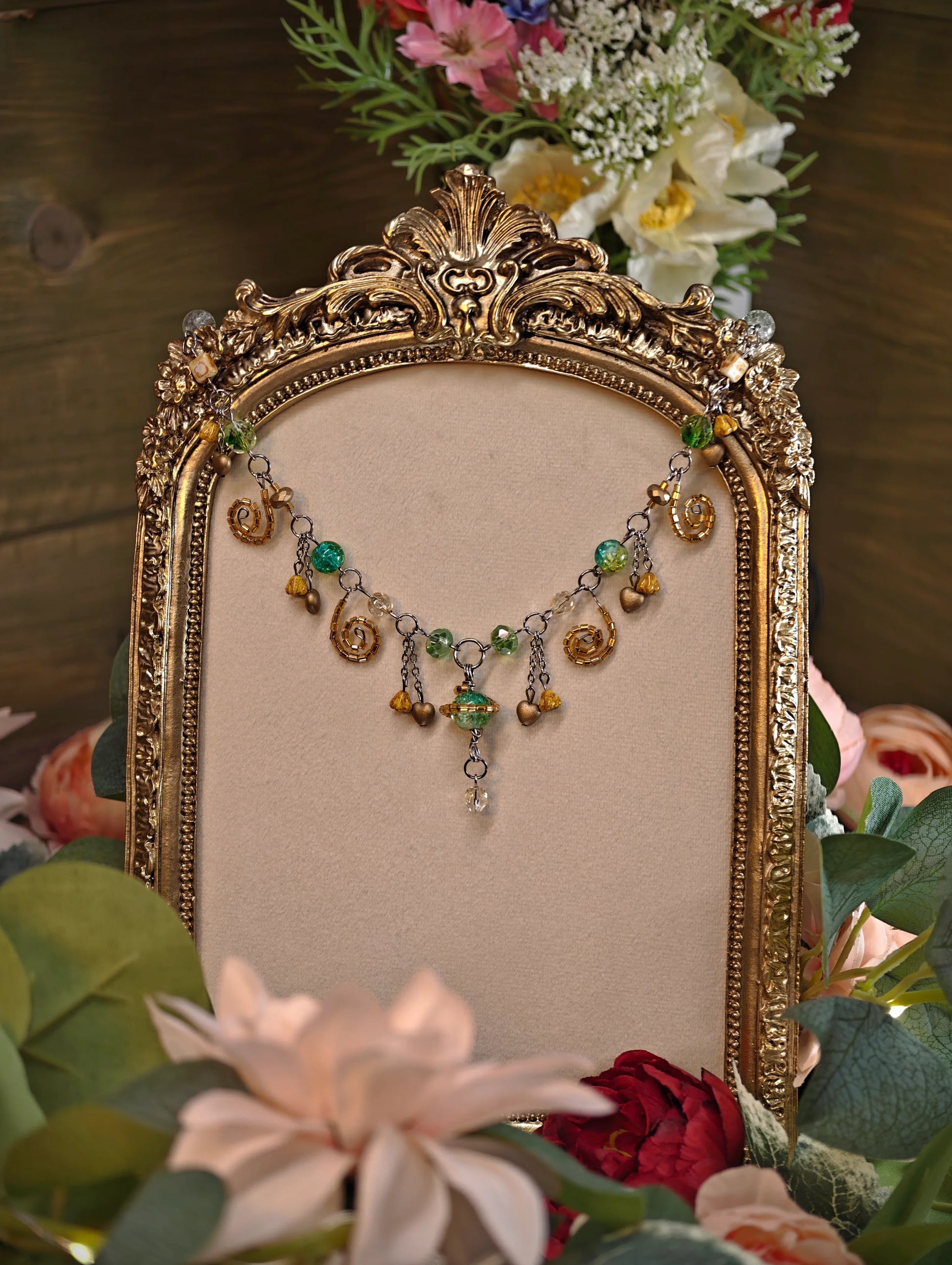 Novyra Jewelry and Clay Art Handmade Whimsical Unique  Royalcore Fairycore Jewelry, Green and gold, Front