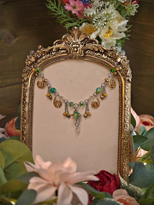 Novyra Jewelry and Clay Art Handmade Whimsical Unique  Royalcore Fairycore Jewelry, Green and gold, Front