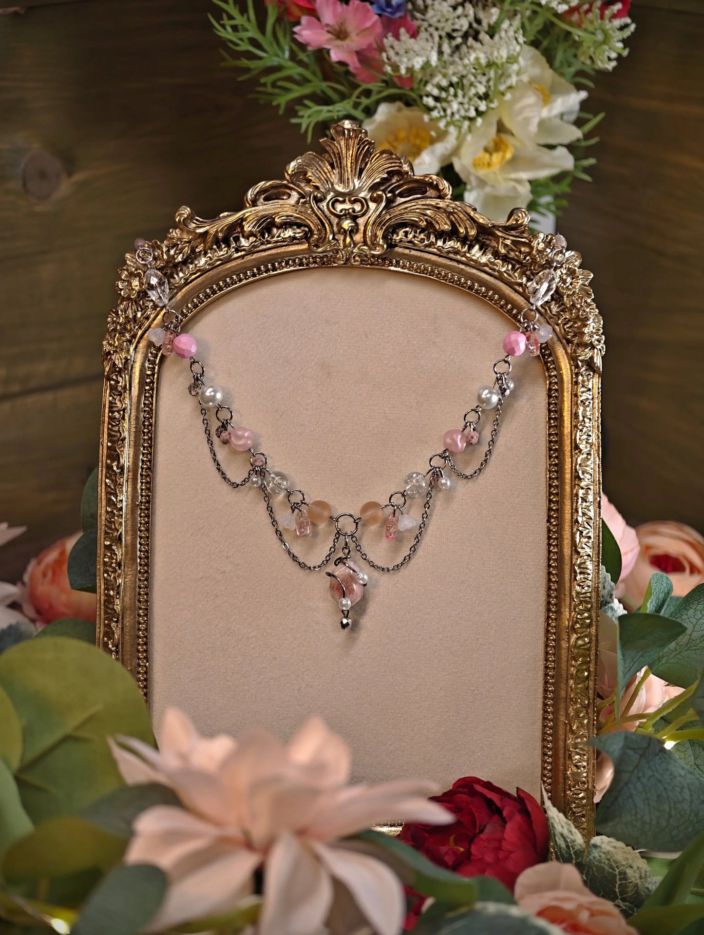 Novyra Jewelry and Clay Art Handmade Whimsical Unique  Royalcore Fairycore Jewelry, Pink and White, front