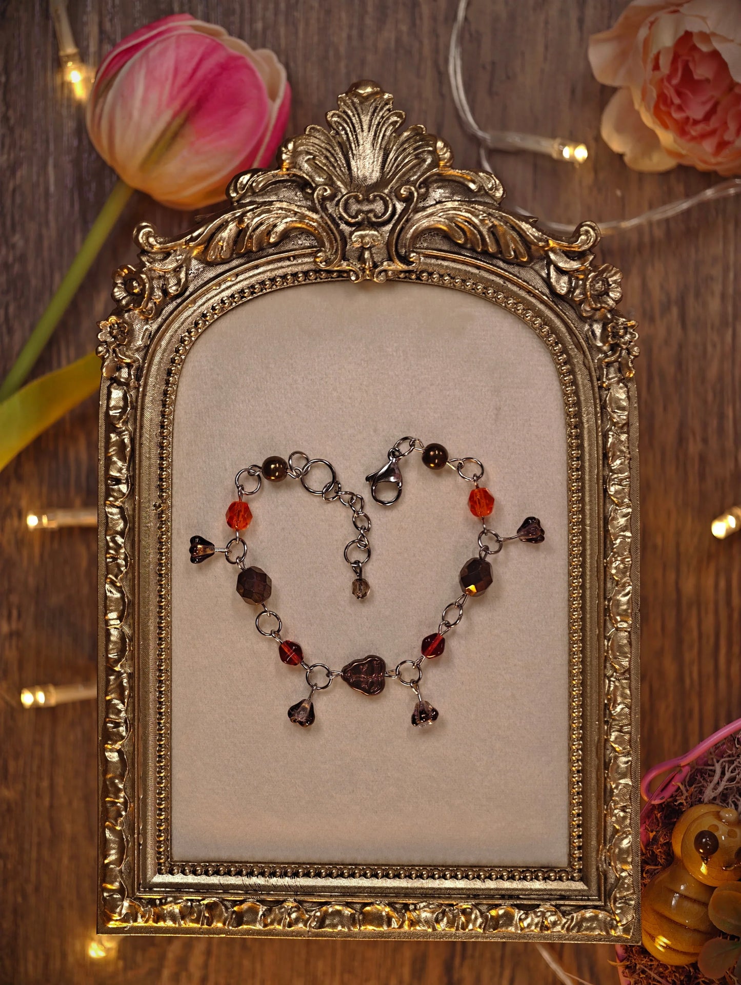 Bronze & Red Leaf Dangle Bracelet t Novyra Jewelry and Clay Art