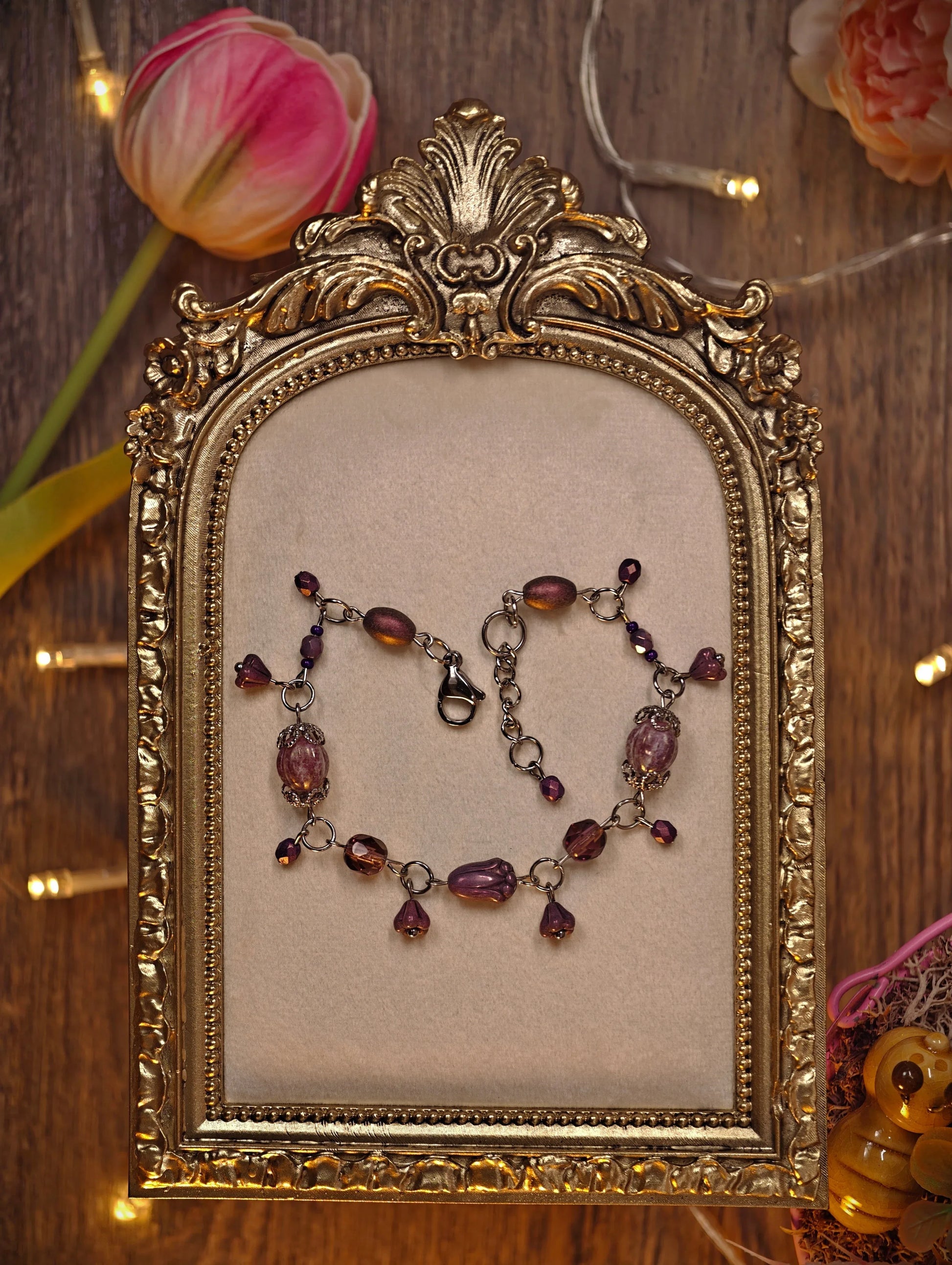 Purple Tulip Dangle Bracelet Novyra Jewelry and Clay Art