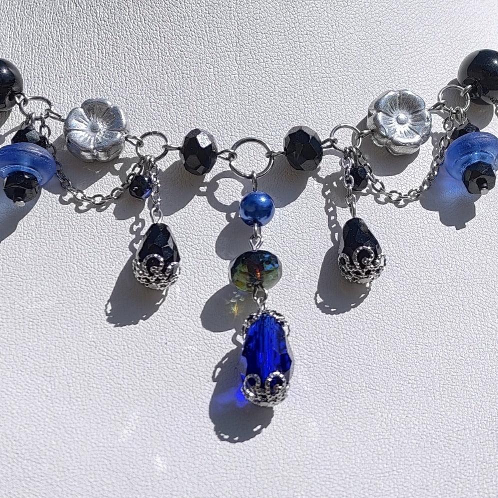 Handmade Whimsical Unique  Royalcore Fairycore Jewelry, Blue and black, Front zoomed