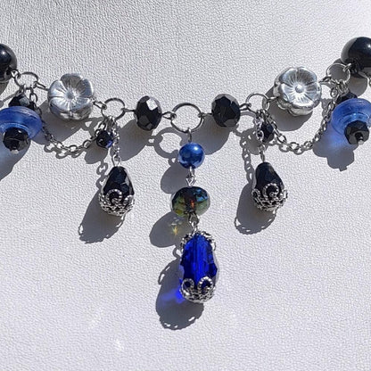 Handmade Whimsical Unique  Royalcore Fairycore Jewelry, Blue and black, Front zoomed