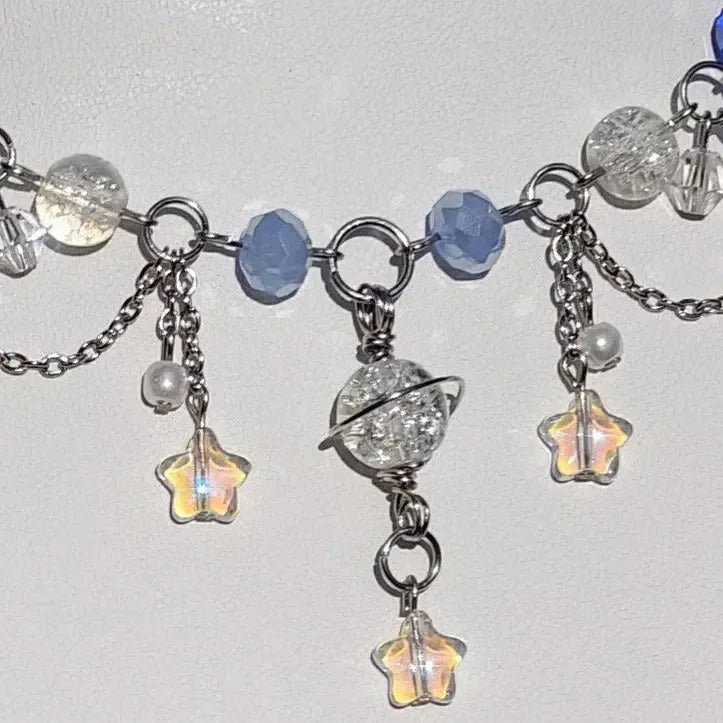 Handmade Whimsical Unique  Royalcore Fairycore Jewelry, Blue and White, front zoomed