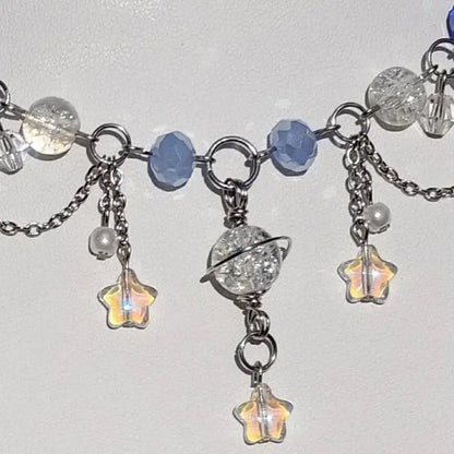 Handmade Whimsical Unique  Royalcore Fairycore Jewelry, Blue and White, front zoomed