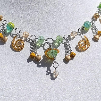 Handmade Whimsical Unique  Royalcore Fairycore Jewelry, Green and gold, Front zoomed