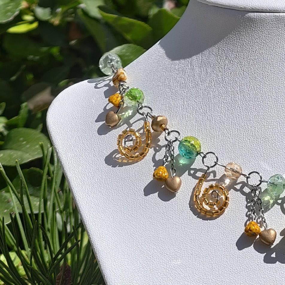 Handmade Whimsical Unique  Royalcore Fairycore Jewelry, Green and gold, side