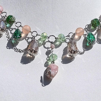 Fantasy Jewelry,  Handmade jewelry, Whimsical Jewelry, Unique Jewelry.  Royalcore Fairycore Jewelry, Pink & Green, Front zoomed