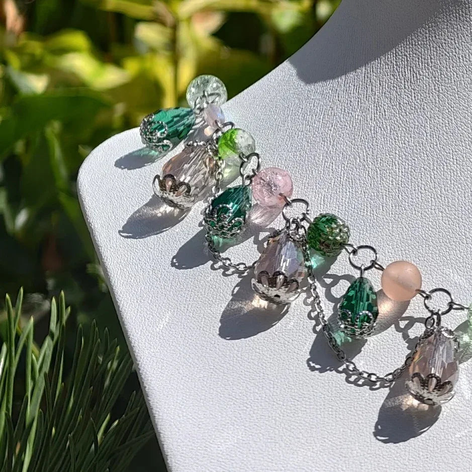 Fantasy Jewelry,  Handmade jewelry, Whimsical Jewelry, Unique Jewelry.  Royalcore Fairycore Jewelry, Pink & Green, side