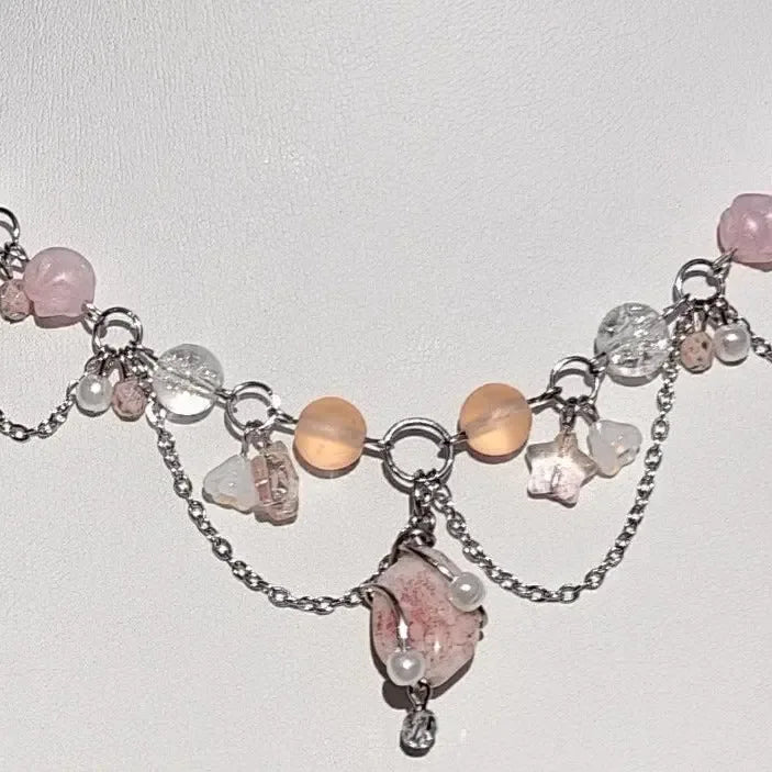 Handmade Whimsical Unique  Royalcore Fairycore Jewelry, Pink and White, front zoomed