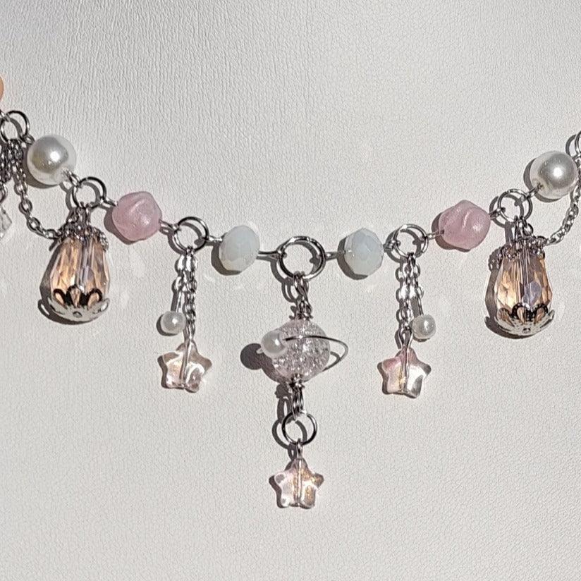 Handmade Whimsical Unique  Royalcore Fairycore Jewelry, Pink & white, front zoomed
