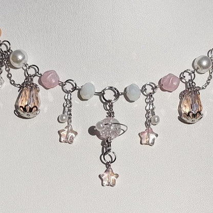 Handmade Whimsical Unique  Royalcore Fairycore Jewelry, Pink & white, front zoomed