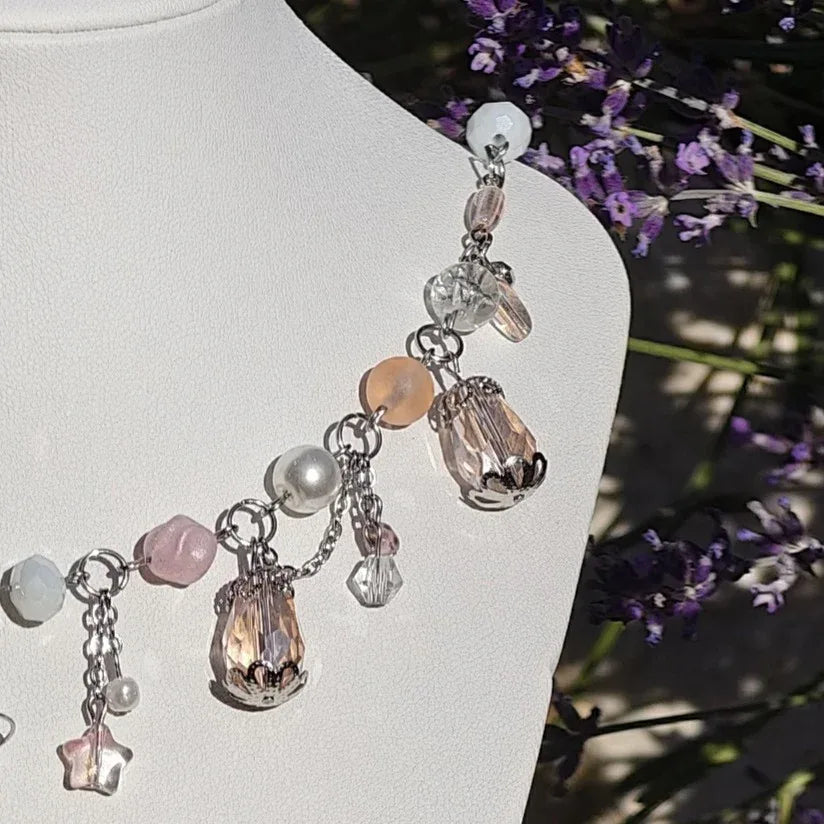 Handmade Whimsical Unique  Royalcore Fairycore Jewelry, Pink & white, side