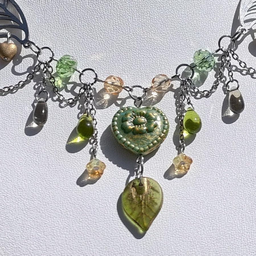 Fantasy Jewelry,  Handmade jewelry, Whimsical Jewelry, Unique Jewelry.  Royalcore Fairycore Jewelry, Green and gold, Front zoomed