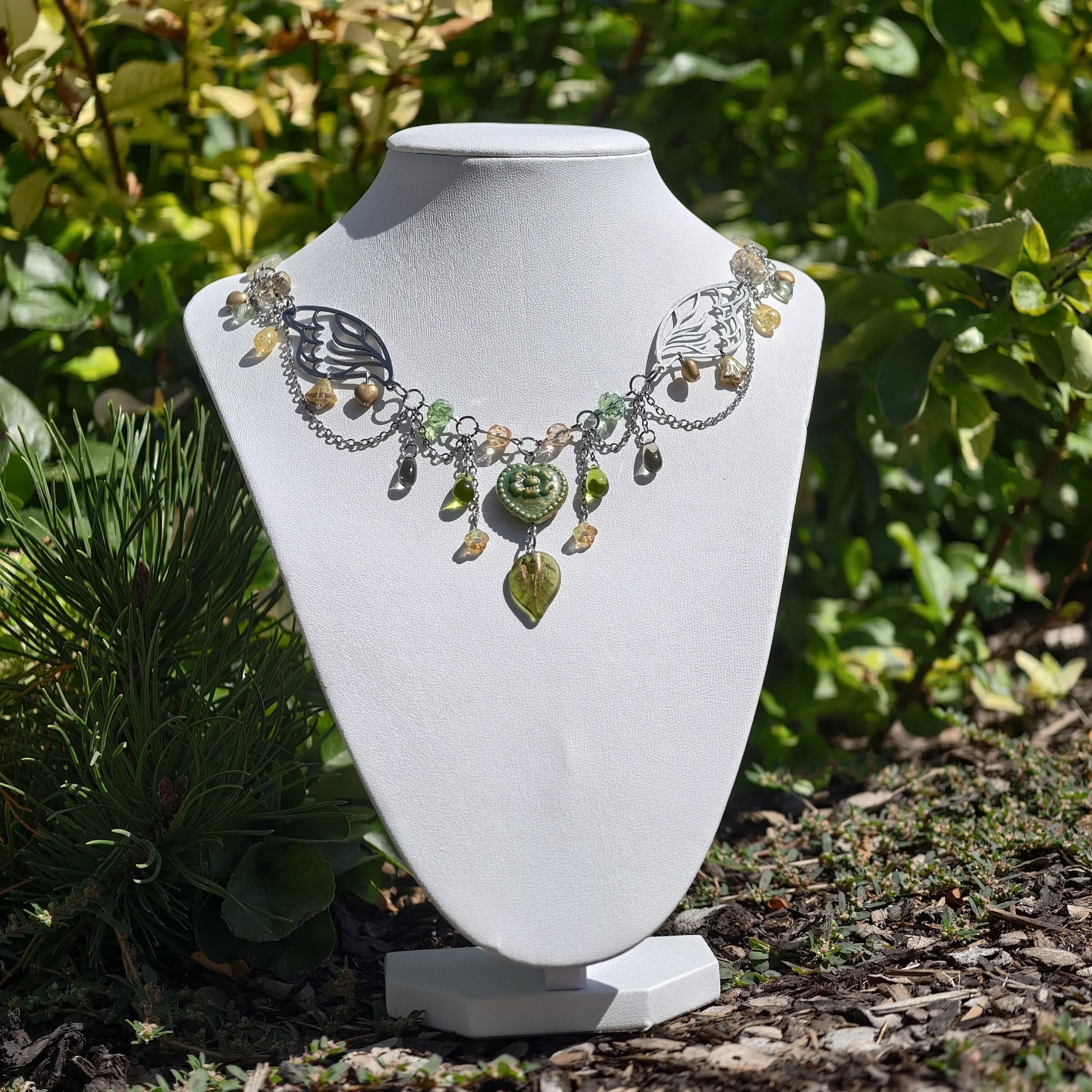 Fantasy Jewelry,  Handmade jewelry, Whimsical Jewelry, Unique Jewelry.  Royalcore Fairycore Jewelry, Green and gold, Front 2